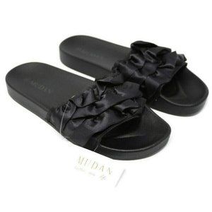Mudan Slide Sandals Black Satin Ruffle Size 9‎